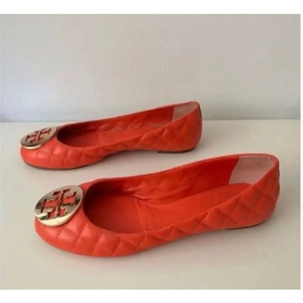 Tory Burch Size 6.5 Minnie Quilted Leather Ballet Flats Orange Gold Logo Travel